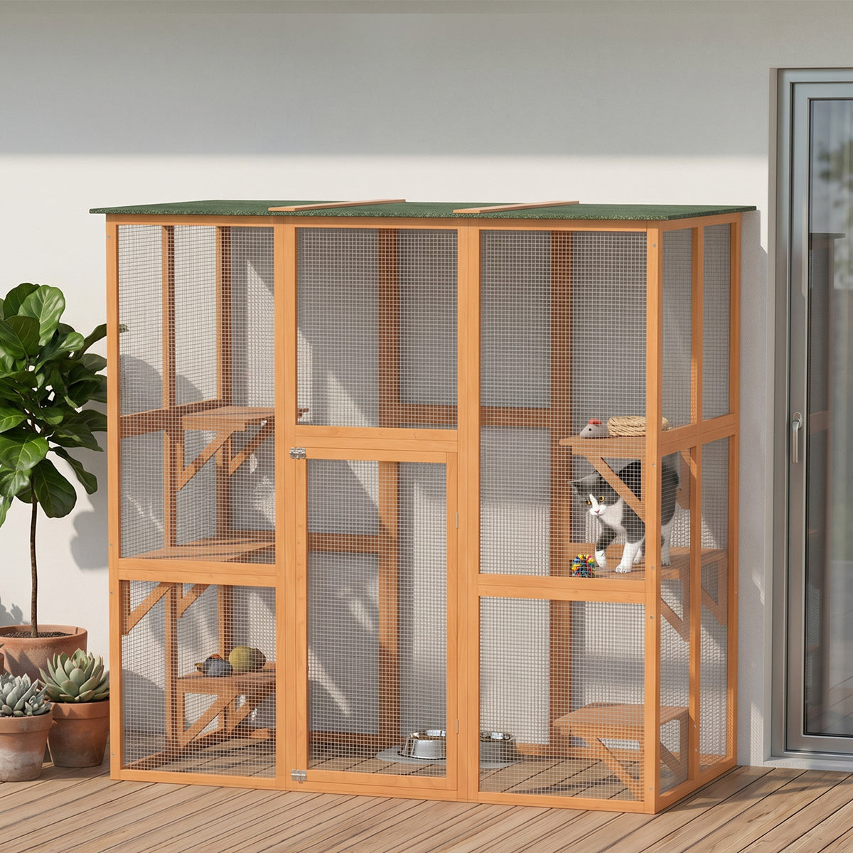 Large Outdoor Catio Enclosure, Weatherproof Cat House with Asphalt Roof,  Wooden Cat Patio Cage with 6 Balanced Platforms, 71" x 39" x 71", Grey