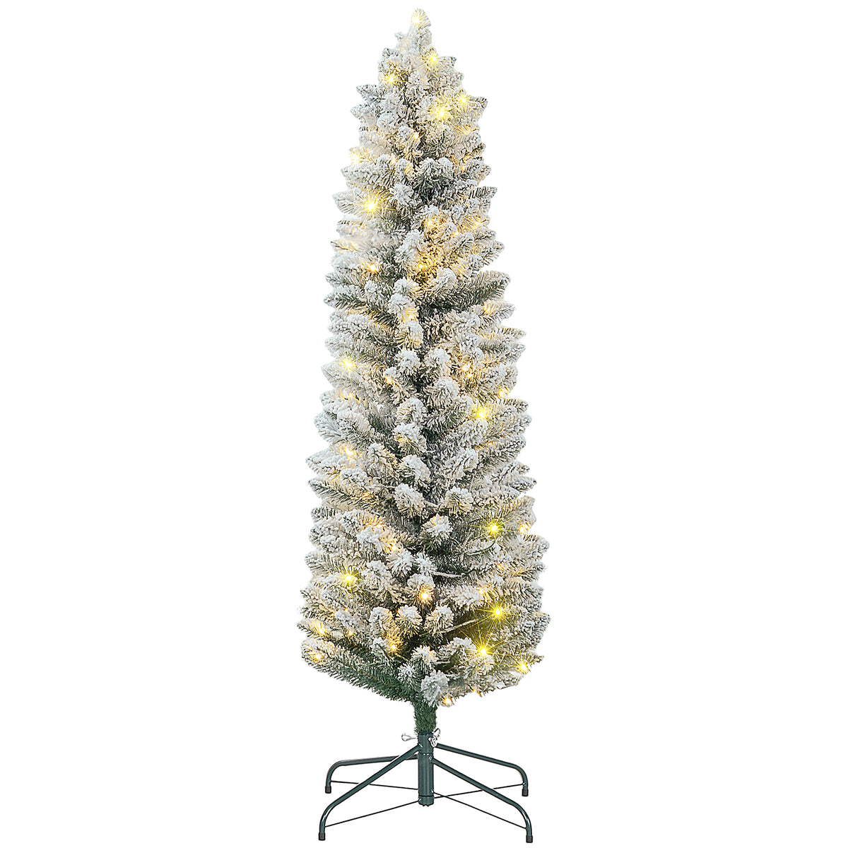5ft Artificial Prelit Christmas Tree with Warm White LED Light, Snow Flocked Branches, Metal Base, Pencil Xmas Tree