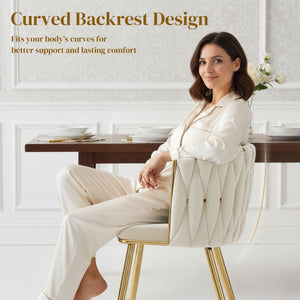 Modern Dining Chairs Set of 2, Velvet-Feel Upholstered Kitchen Chairs with Woven Backrest and Metal Legs, Cream White