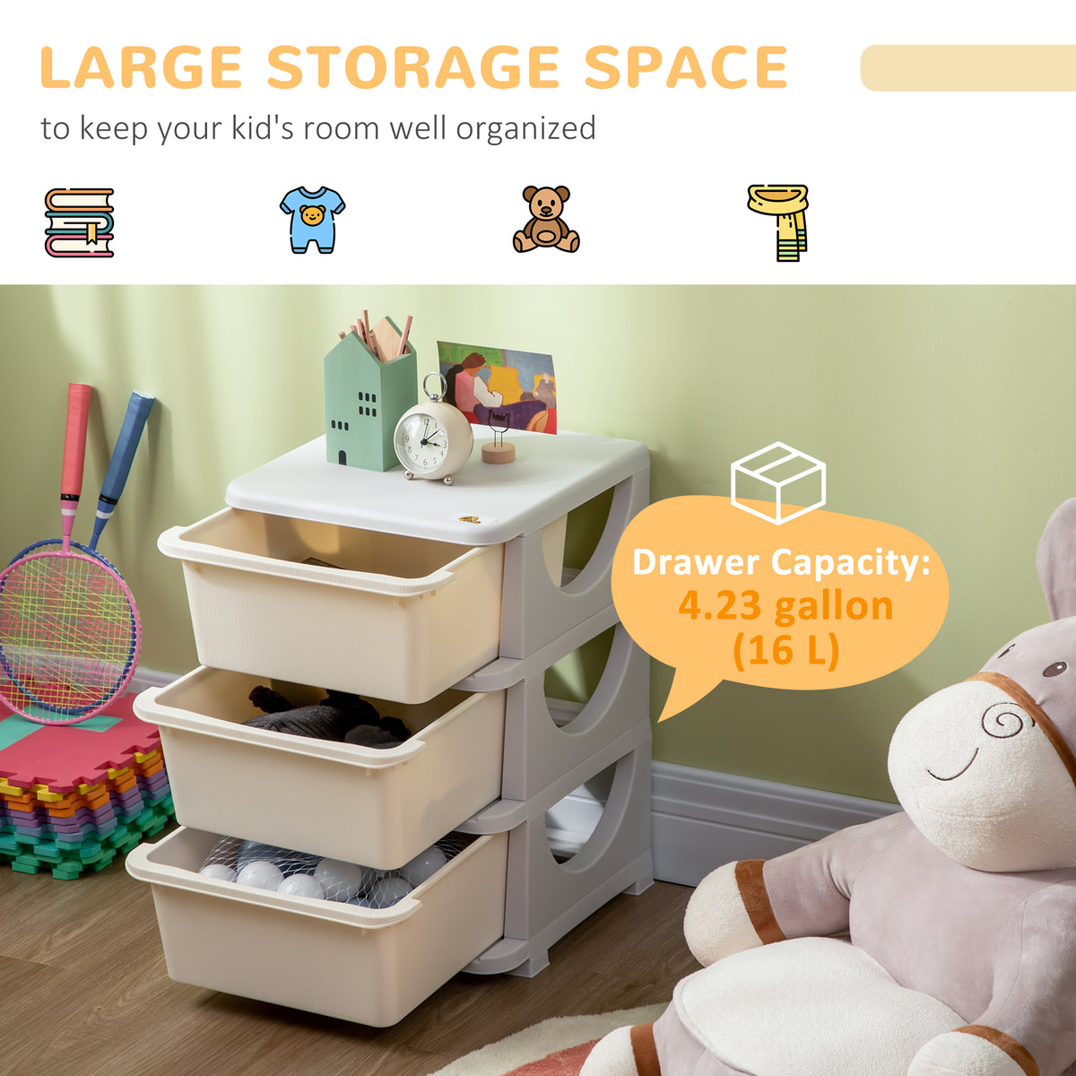3 Tier Kids Toy Organizer and Storage Bins with 3 Plastic Drawers, Blue