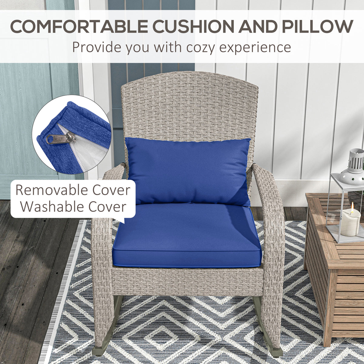 Adirondack Chair, Outdoor Wicker Rocking Chair with High Back, Seat Cushion and Pillow for Porch, Balcony, Cream/Brown