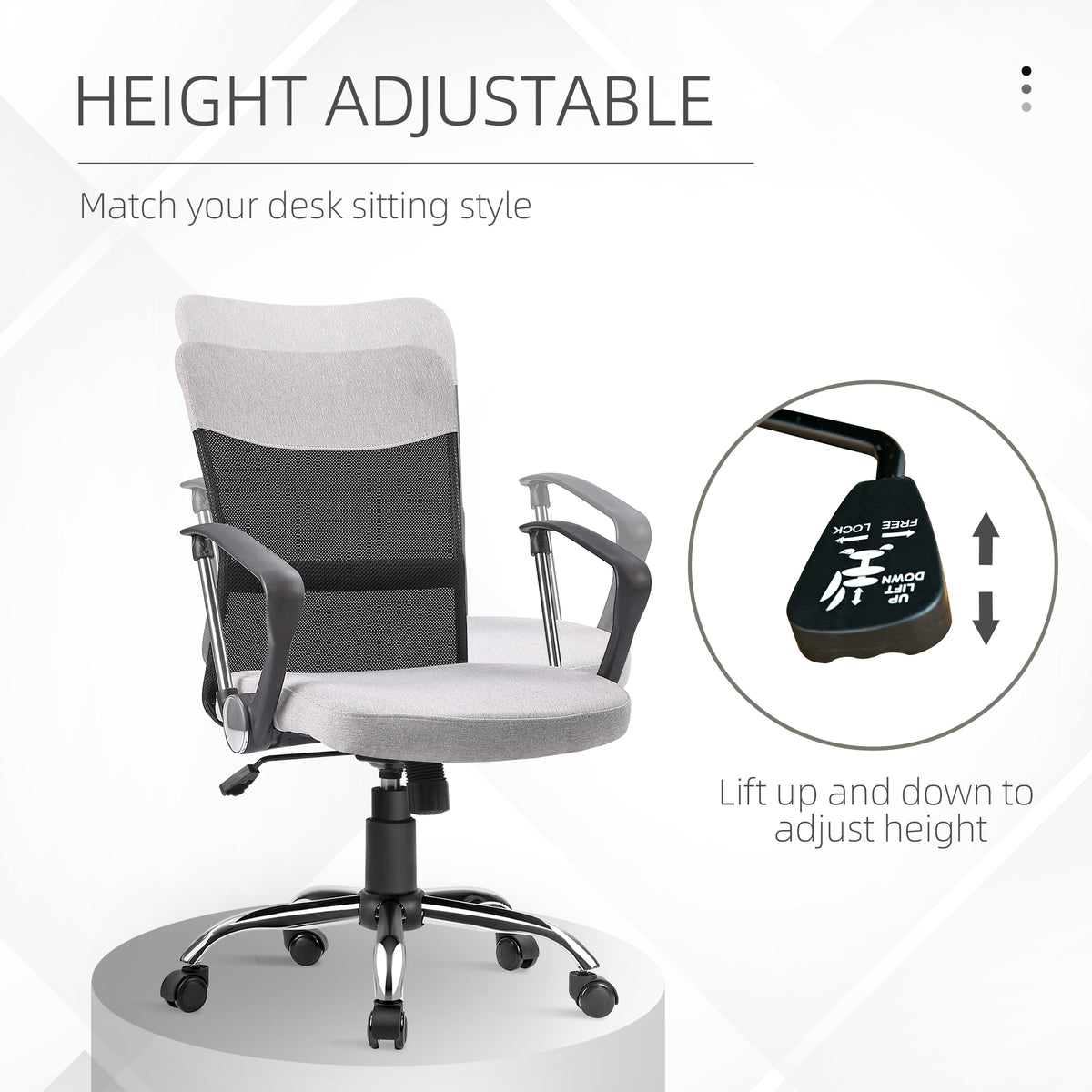 Mid Back Office Chair, Linen Adjustable Office Chair with Lumbar Back Support, Arm, Adjustable Height, Grey