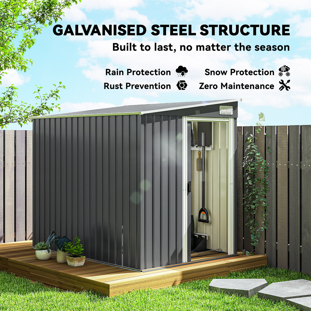 5'x7' Lean to Galvanized Metal Shed with Foundation, Garden Tool Storage House with Sliding Door and 2 – view 3