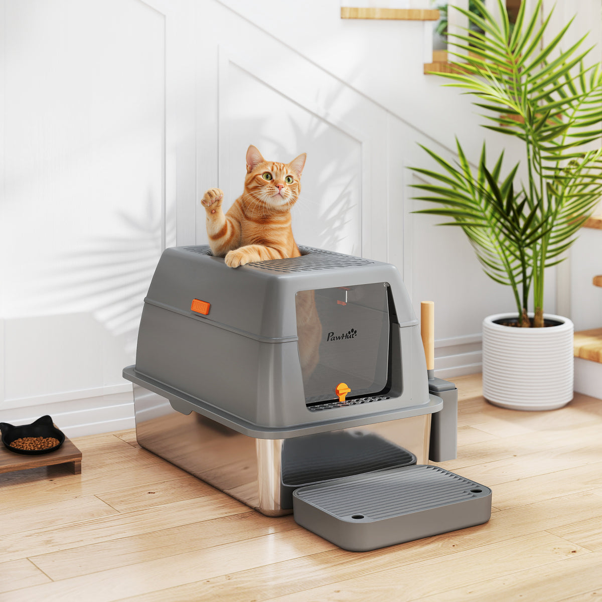 XL Stainless Steel Cat Litter Box, 80L Kitty Litter Box with Front/Top Entry, Trapping Step, Scoop, for Large Big Cats