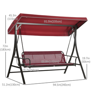 3 Person Porch Swing Bed, 2-in-1 Convertible Outdoor Patio Swing Chair Bench Hammock with Adjustable Canopy, Cushions, Pillows for Porch and Backyard, Red