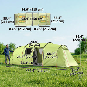 6 Person Camping Tent with Porch, Large Family Tent with 2 Bedroom and Living Room, Light Green
