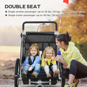 Aosom 2-in-1 Bike Trailer for Kids, Foldable 2-Seat Baby Stroller with 5-Point Harness, Rubber Wheels, Storage Bag
