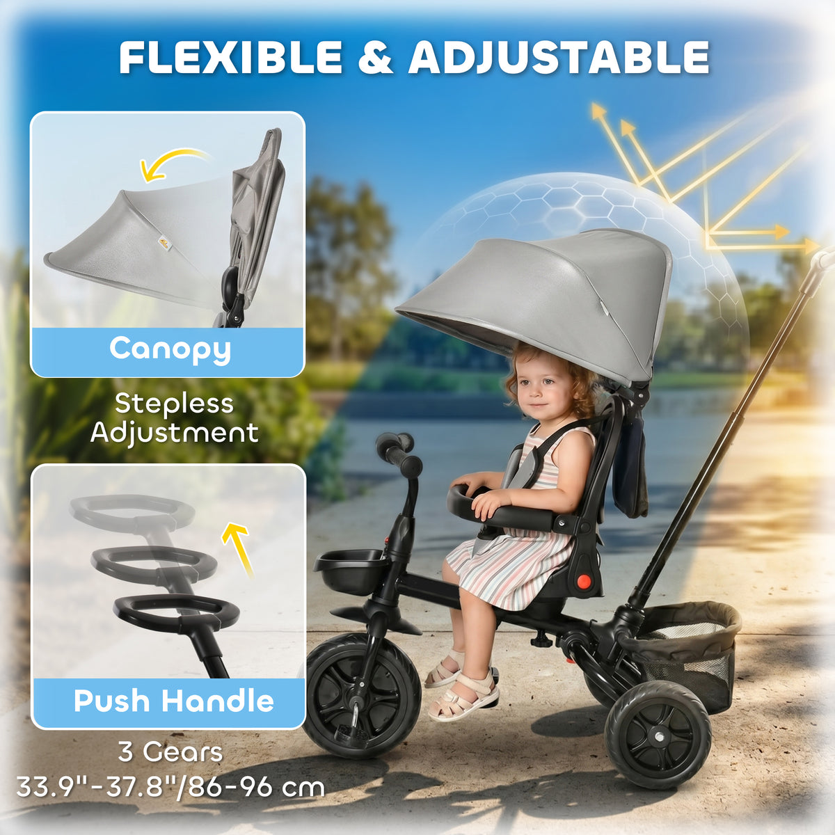 Qaba Tricycle for Toddler 5 in 1 Kids Trike, Foldable Converts Stroller to Toddler Bike, Adjustable Backrest & Curved Canopy, Detachable Guardrail & Handle for 1-5 Years Old