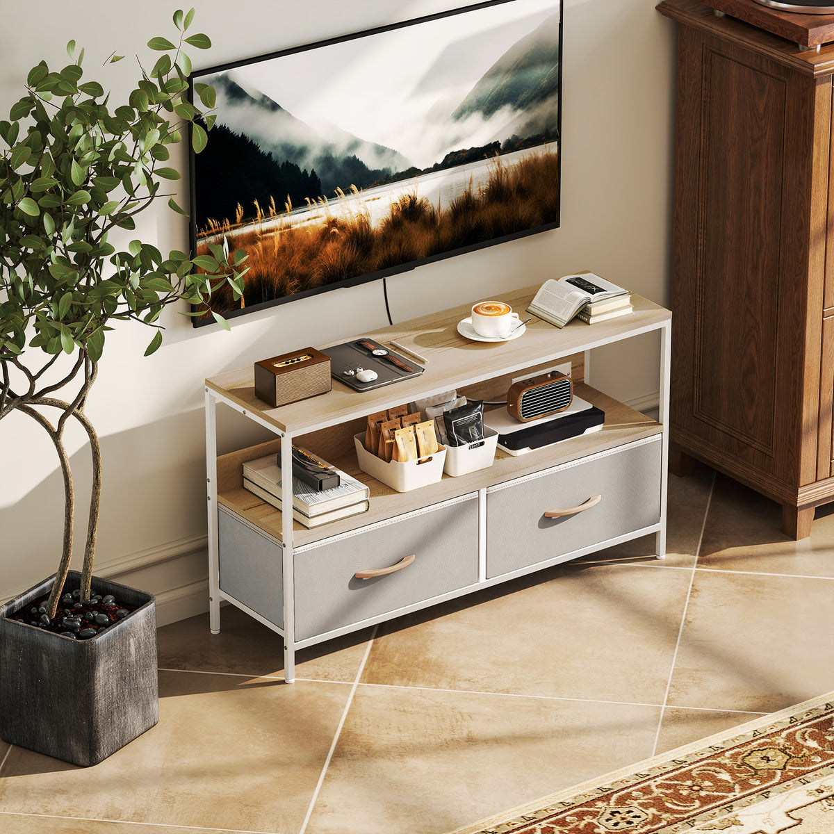 TV Stand with Charging Station, TV Table with 2 Foldable Linen Drawers and Open Shelf for 47 Inch – view 35