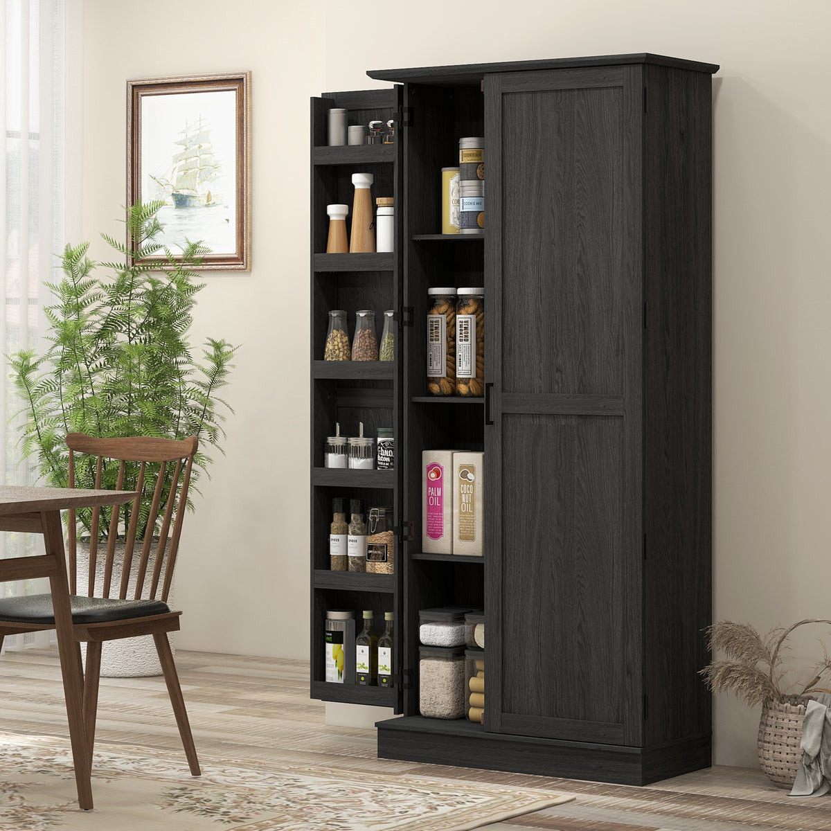70" Tall Kitchen Pantry Cabinet with Door Shelves and Adjustable Shelves, Black Wood Grain