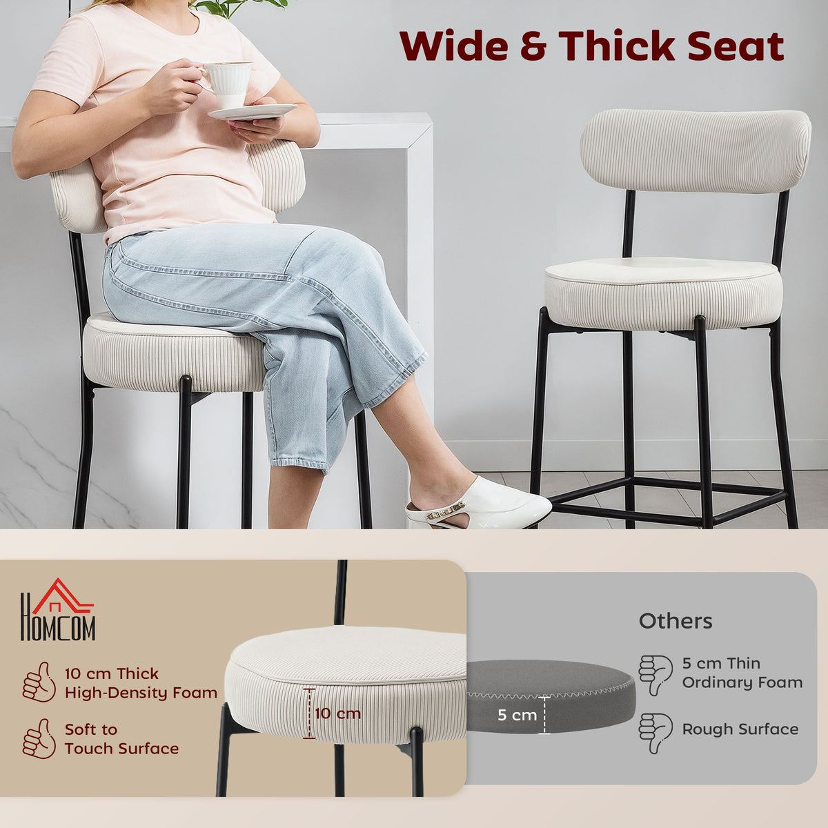 Set of 2 Barstools, Upholstered Corduroy Bar Stools with Backrest, Footrest for Kitchen Island, Dining Room, Cream White