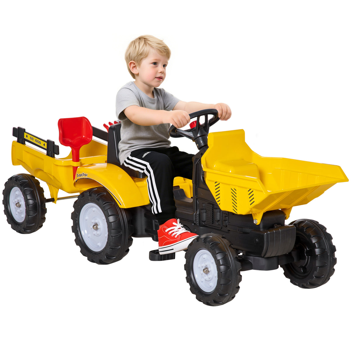 Aosom Ride on Toy Dump Truck for Kids, Pedal Construction Car with Detachable Trailer for 3 Years Old, Yellow