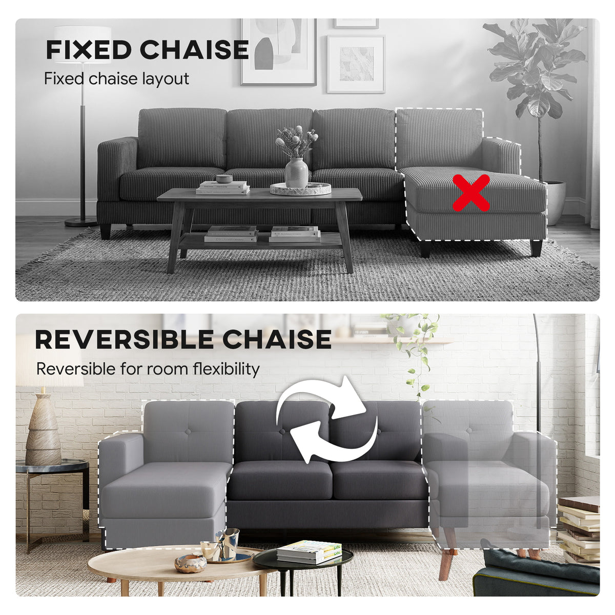 Sectional Sofa with Changeable Chaise Lounge, 3 Seat L-Shaped Small Space Sofa – view 6