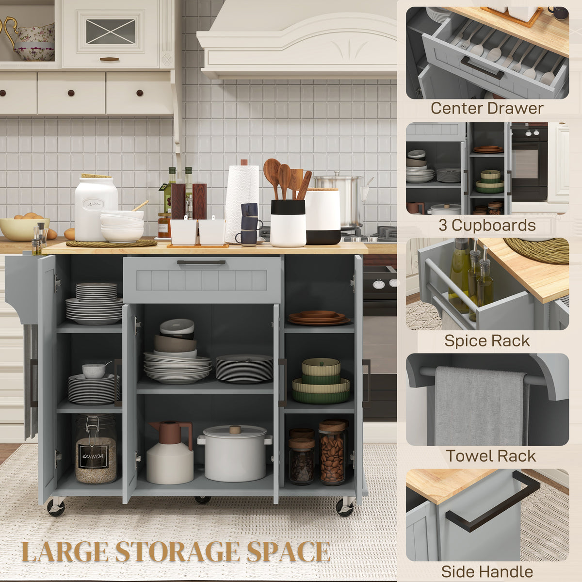 Modern Rolling Kitchen Island Cart with Drawers, Natural Wood Top, Towel Rack, Door Storage Cabinet, Black – view 10