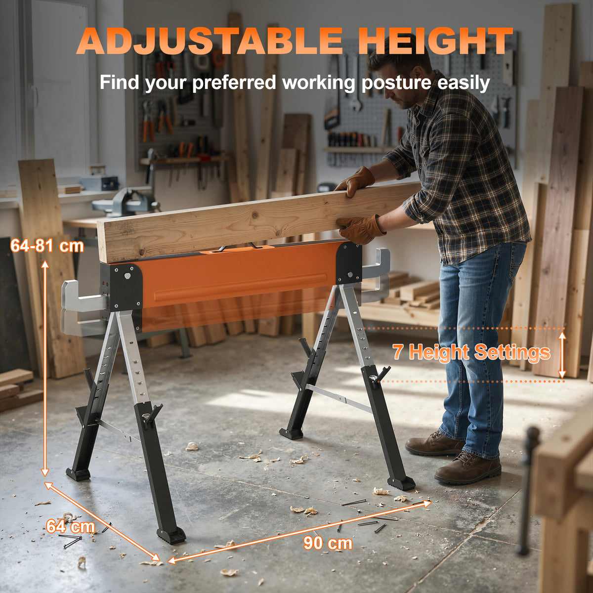 Saw Horses 2 Pack, Folding Heavy Duty Sawhorses with Adjustable Height and 2x6 Bracket, Carry Handle, Orange