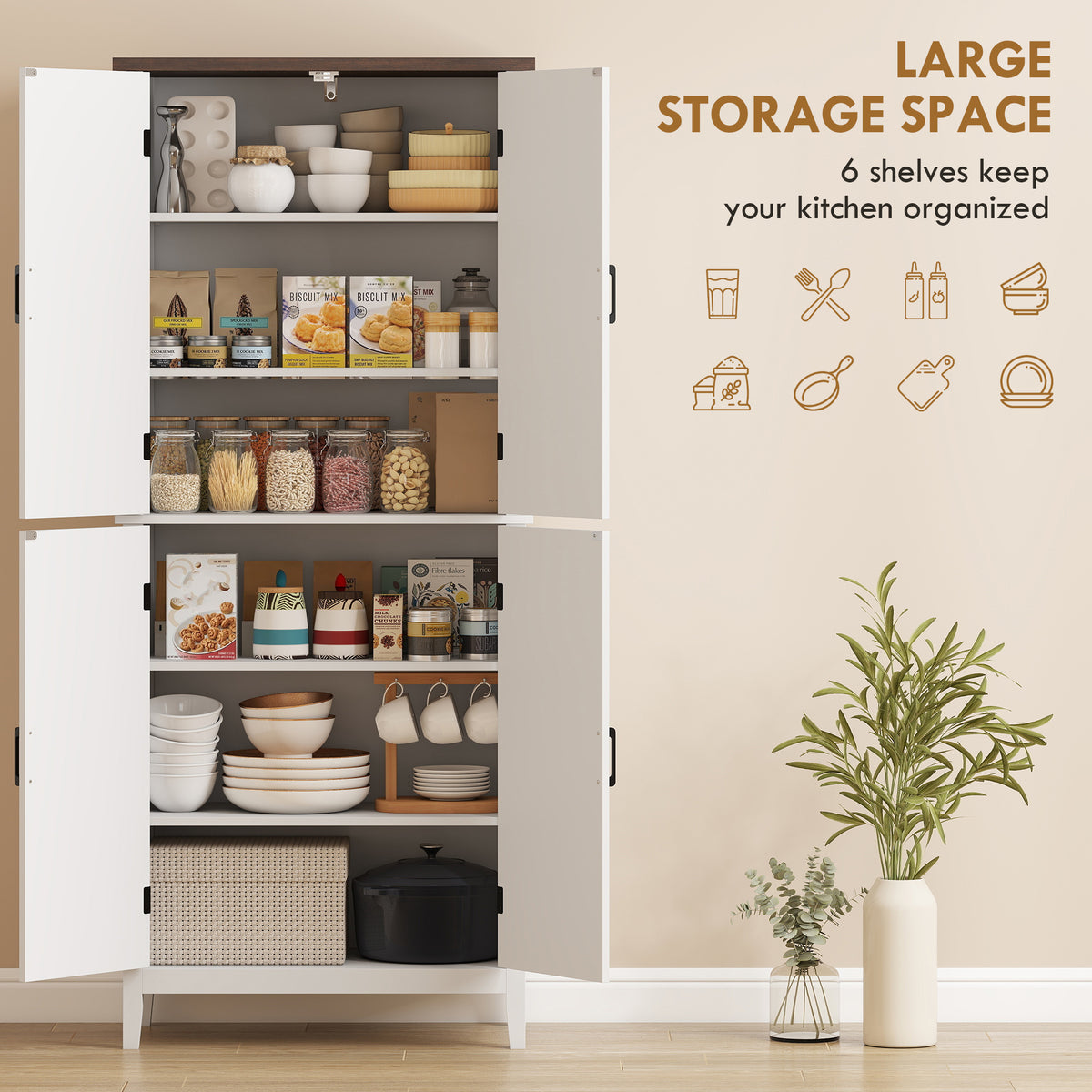 70" Tall Kitchen Storage Cabinet Modern Farmhouse Pantry Cabinet with 4 Chevron Doors and 4 Adjustable Shelves, White