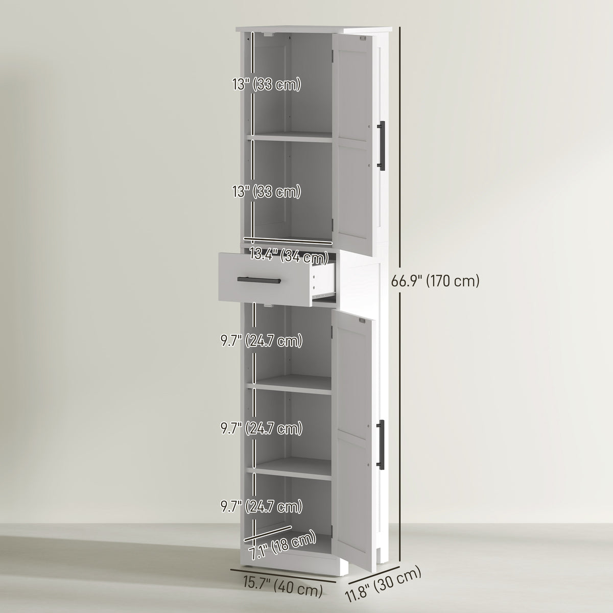 67" Tall Bathroom Cabinet, Narrow Bathroom Storage Cabinet with Drawer, Barn Doors and Adjustable Shelves – view 16