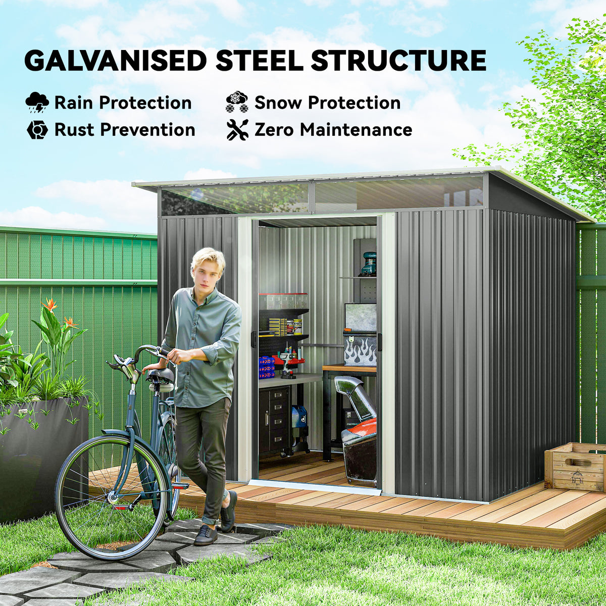 8.5' x 6' Small Gardening Shed Lockable Steel Utility Storage Outdoor Backyard Garden for Gardeners, Grey – view 10