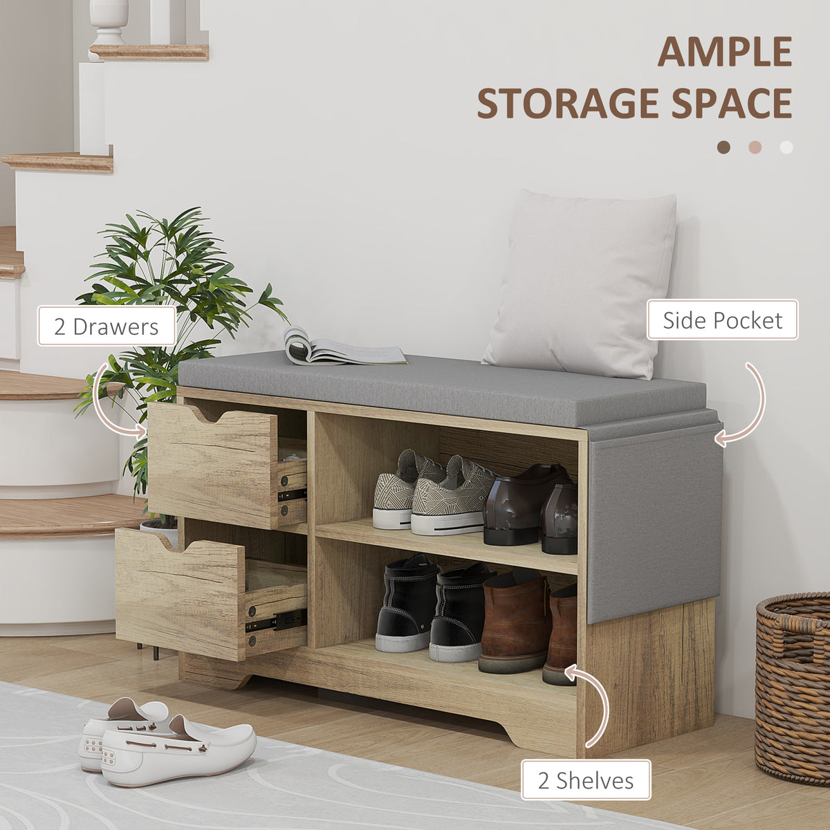 Upholstered Shoe Storage Bench w/ Seat, Entrance Bench w/ Drawer Open Shelves and Pocket for Hallway, White – view 10