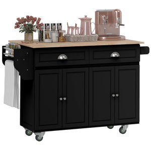 Kitchen Island with Storage, Rolling Kitchen Island with Drop Leaf, Rubber Wood Top and Adjustable Shelves, Black