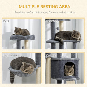 50 Inch Cat Tree, Multi-Level Cat Tower with Sisal Scratching Posts and Ramp, Bed, Condo, Hammock, Toy Ball, Grey