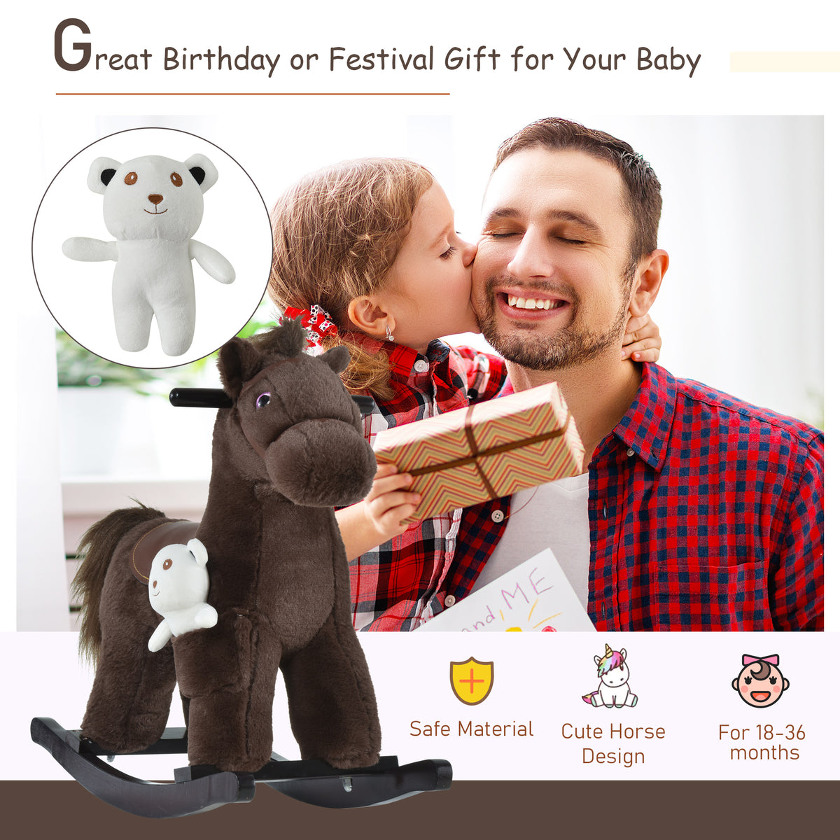 Qaba Kids Rocking Horse Plush Animal on Wooden Rockers with Sounds, Wooden Base and Bear Toy, Baby Rocking Chair