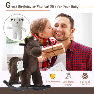 Qaba Kids Rocking Horse Plush Animal on Wooden Rockers with Sounds, Wooden Base and Bear Toy, Baby Rocking Chair