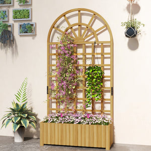 Wooden Raised Garden Bed with Lattice Trellis, Outdoor Elevated Planter Box with Drainage Holes for Climbing Plants