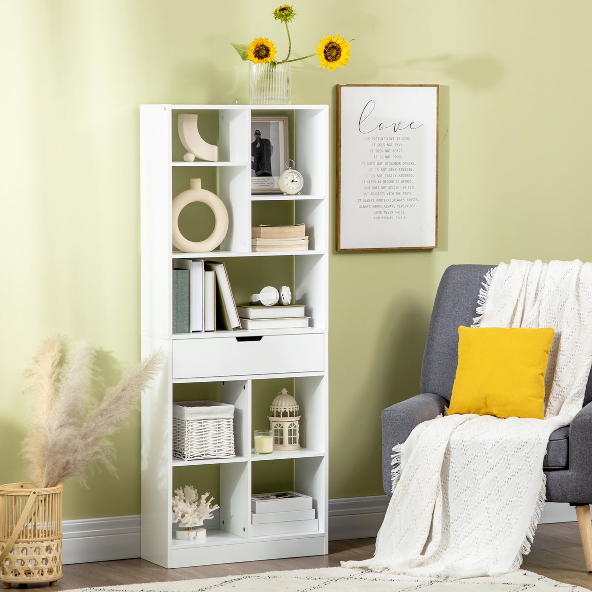Tall Bookshelf with Drawer, Freestanding Bookcase for Bedroom, Living Room, Home Office, White