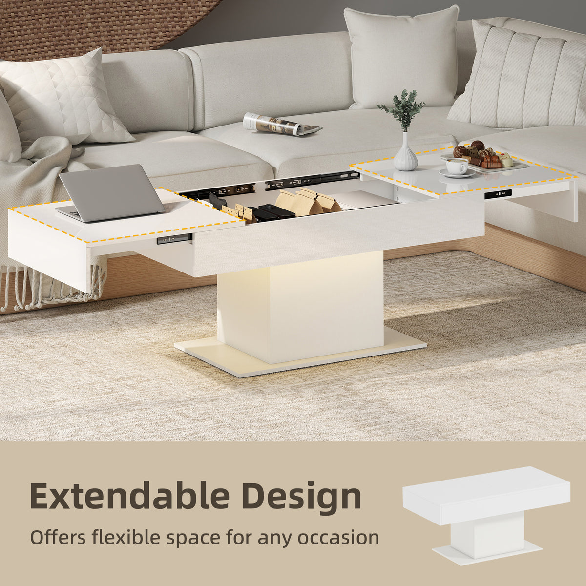 Extendable Coffee Table with LED Lights, Modern High Gloss Center Table with Hidden Storage for Living Room, White