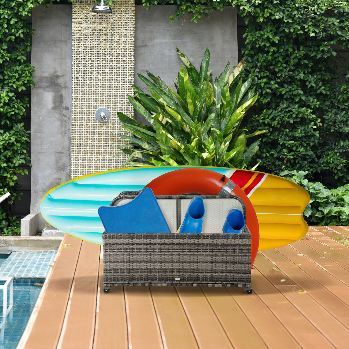 Rolling Pool Storage Rattan Patio Furniture Outdoor Storage Wicker Organizer for Floats, Paddles, Balls, Towels, Grey