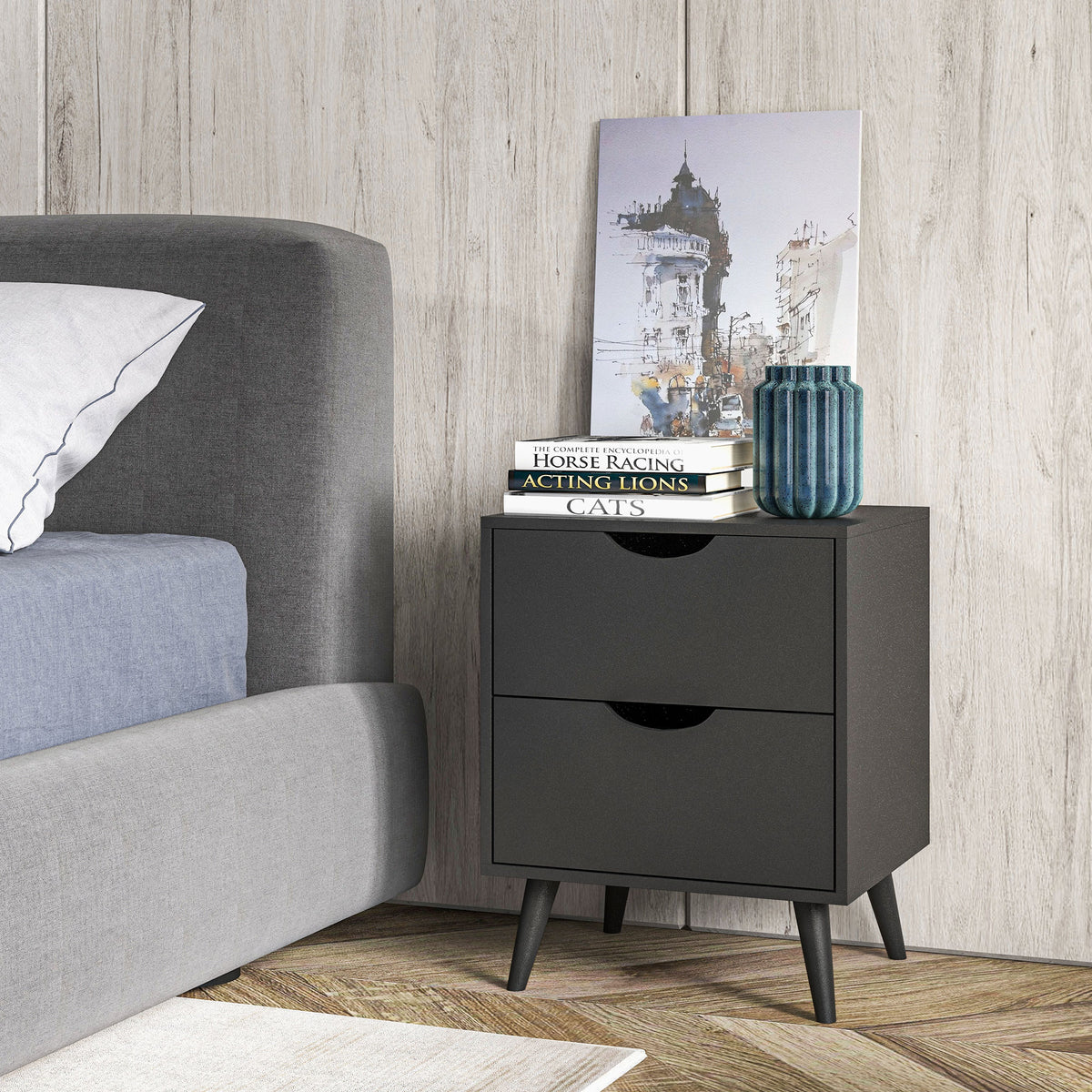 Modern Bedside Table, Nightstand with 2 Drawers and Pine Wood Legs for Bedroom, Living Room, White – view 13