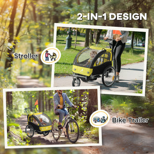 Aosom 2-in-1 Bike Trailer for Kids, Foldable 2-Seat Baby Stroller with 5-Point Harness, Rubber Wheels, Storage Bag