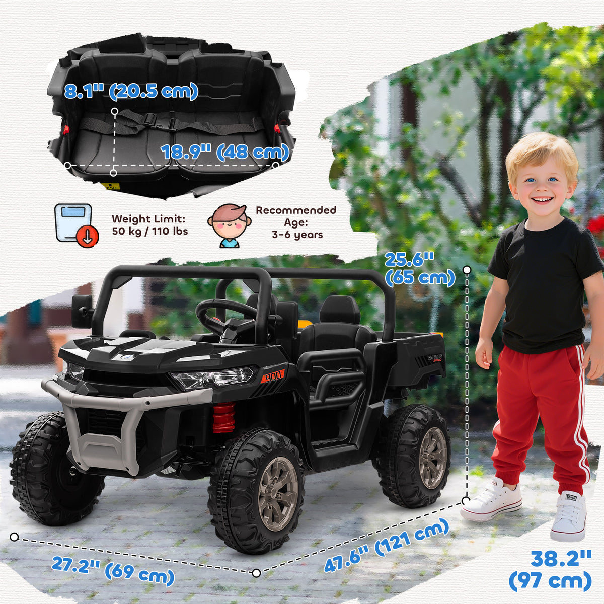 Aosom 12V Ride on Car with Electric Bucket, Two-Seater, Shovel, Remote Control, Spring Suspension, Horn, Music