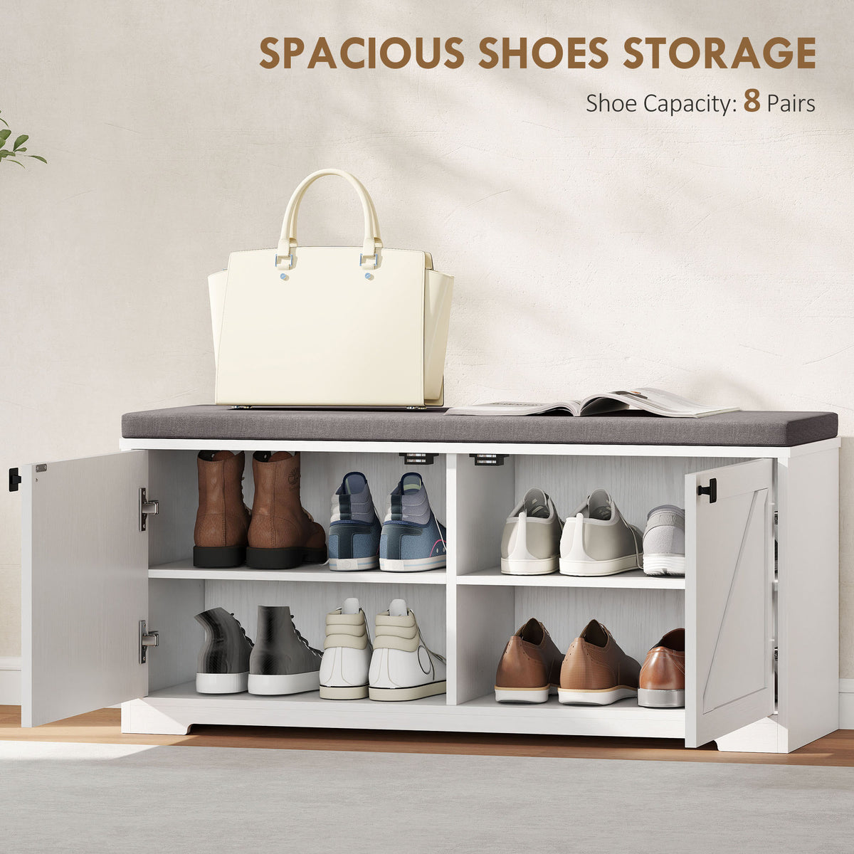 Shoe Storage Bench with Padded Seat, Entryway Bench Holds up to 352 lb, Shoe Organizer, 8 Pairs, Light Grey – view 24