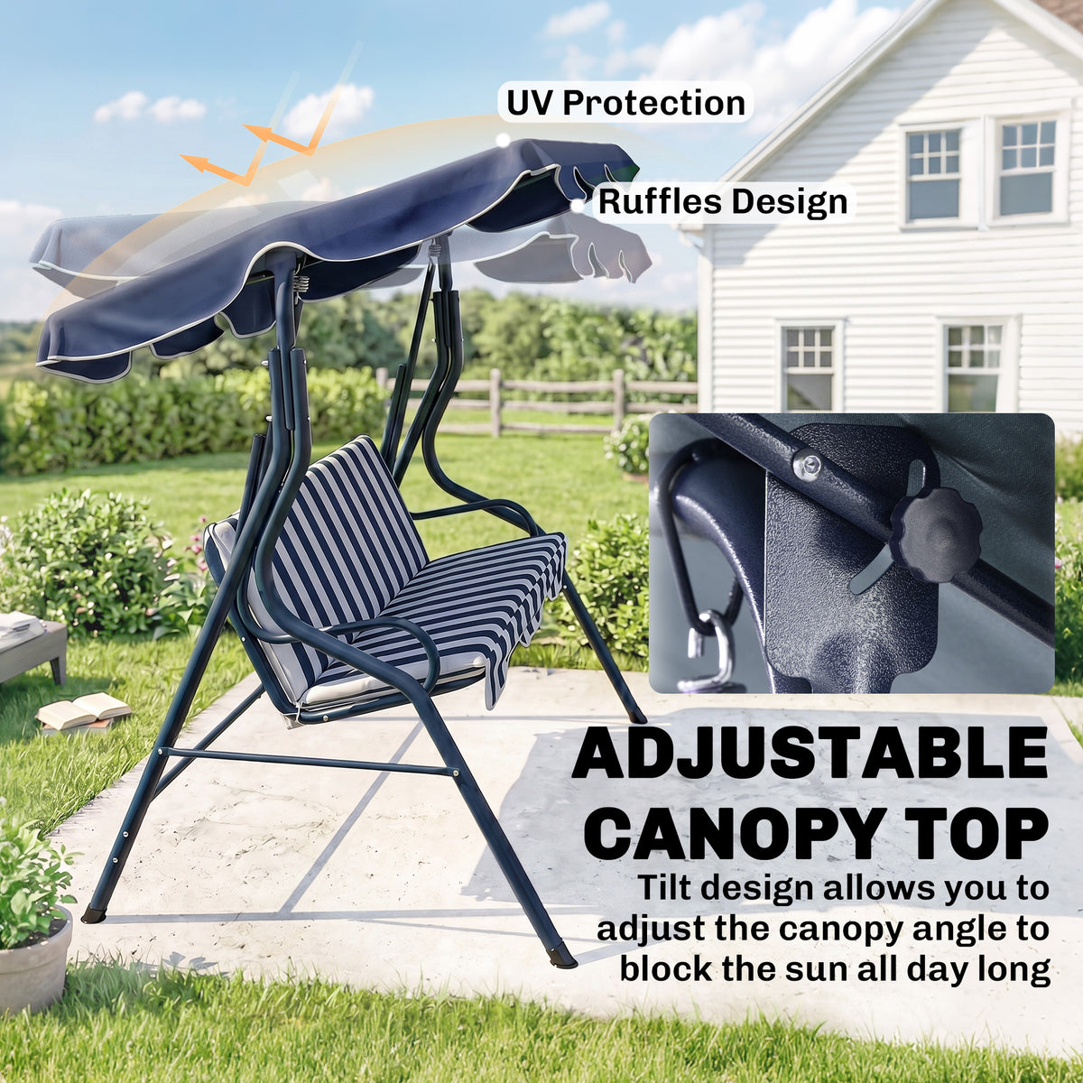 Outdoor Porch Swing with Adjustable Canopy, 3-Seater Patio Swing Chair with Cushion, Black – view 10