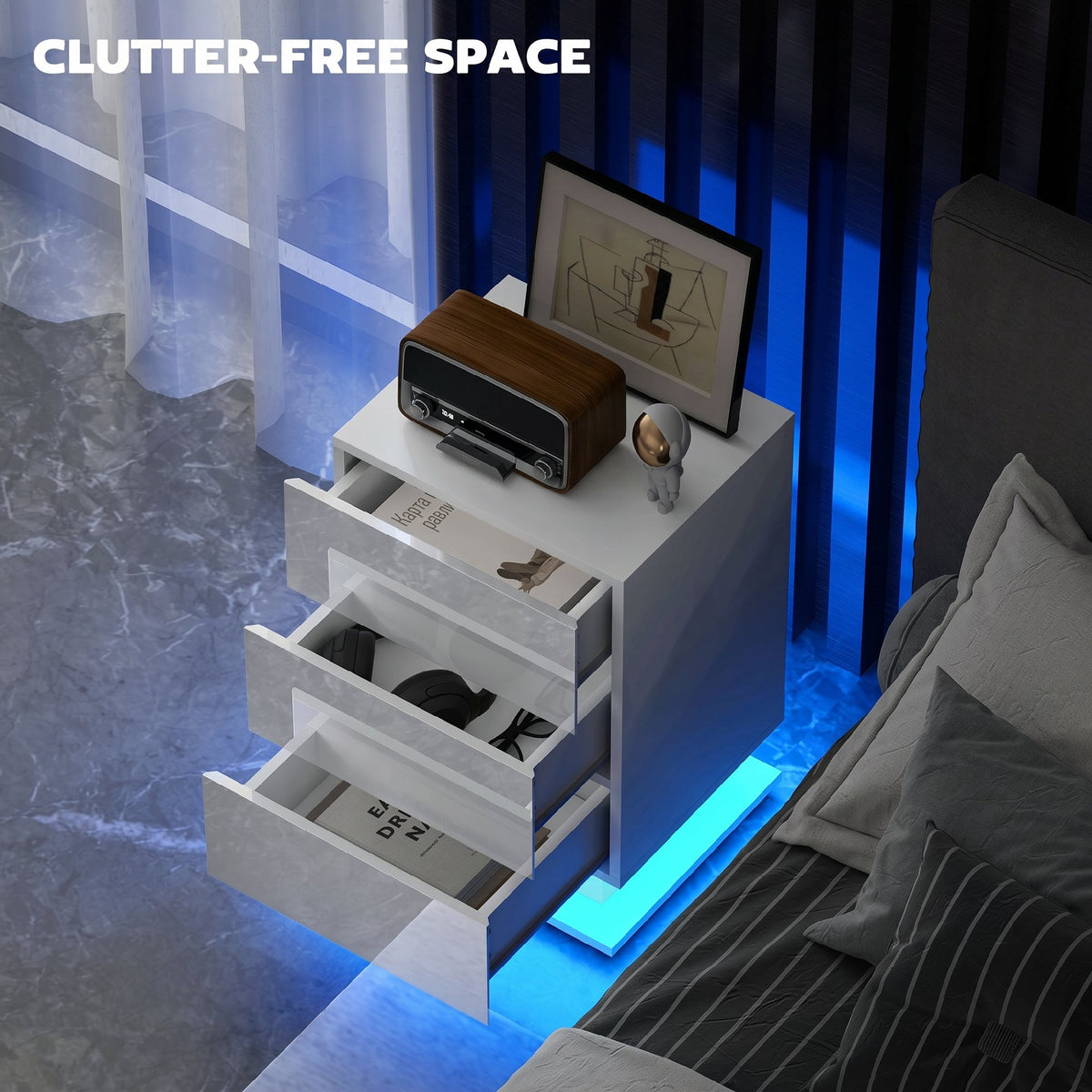 Modern LED Nightstand Bedside Table with Adjustable Colour Lighting & 3 Drawers, APP Control, Glossy White