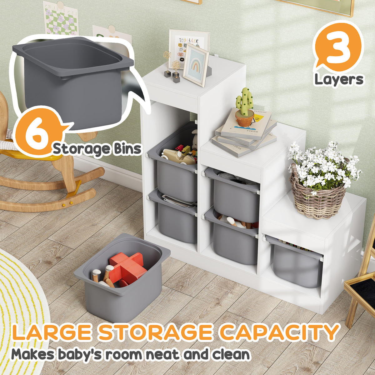 Qaba 3 Layers Toy Storage Organizer Kids Bookshelf Children Toy Storage w/ 6 Plastic Bins