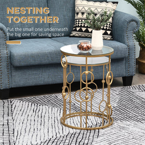 Round Coffee Tables Set of 2, Gold Nesting Side End Tables with Tempered Glass Top, Steel Frame for Living Room