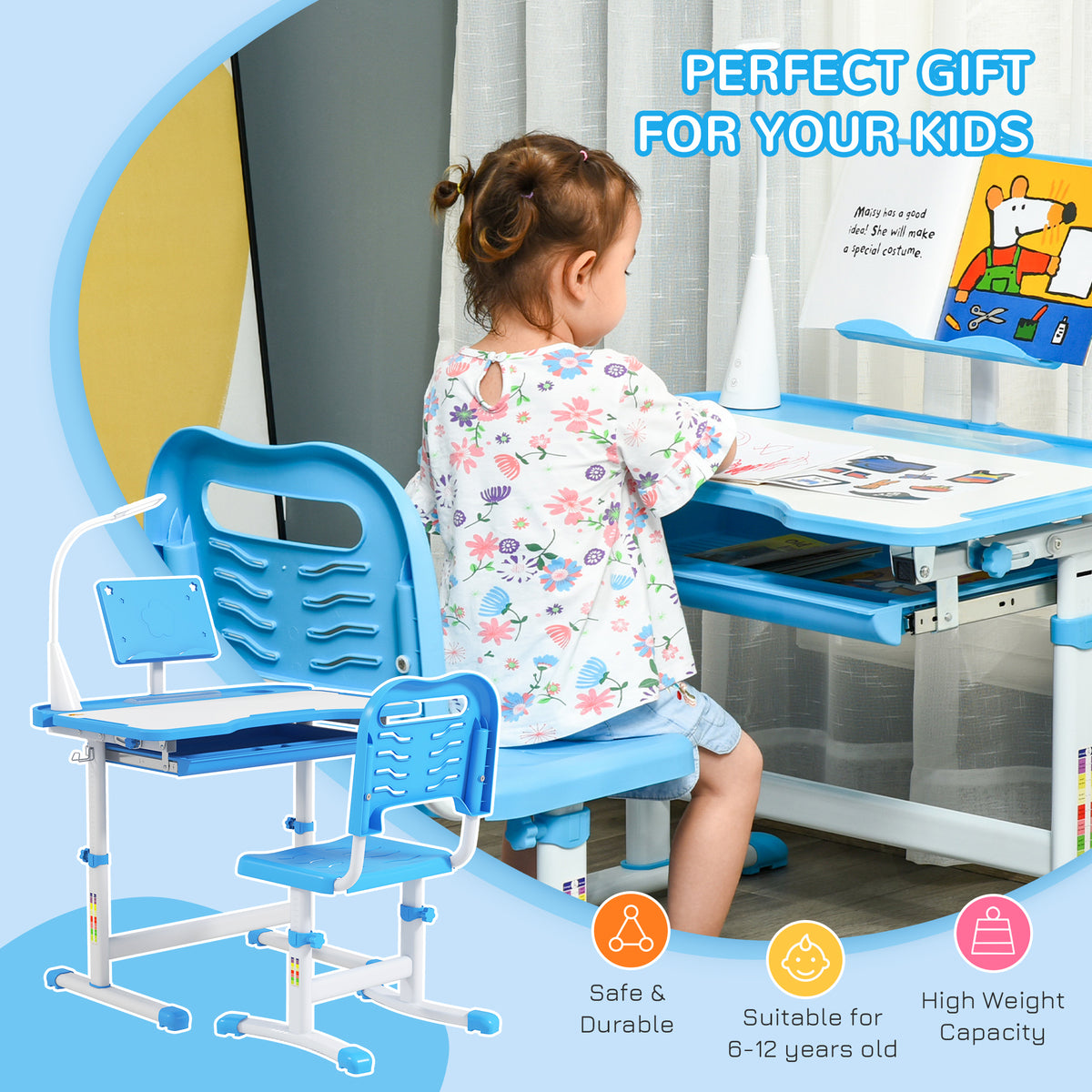 Qaba Kids Desk and Chair Set Height Adjustable Student Writing Desk Children School Study Table with Tilt Desktop