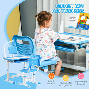 Qaba Kids Desk and Chair Set Height Adjustable Student Writing Desk Children School Study Table with Tilt Desktop