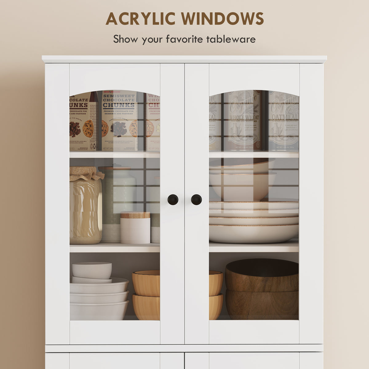 64" Tall Kitchen Pantry Cabinet, Kitchen Cabinet with Soft-Close Acrylic Doors, 10 Shelves, 8 Door Racks, White