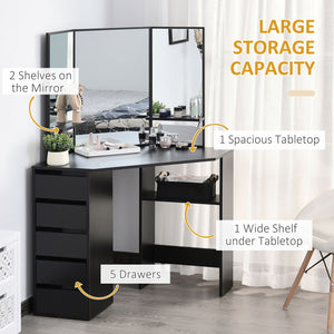 Corner Vanity Desk with Mirror, Makeup Vanity Table with 5 Drawers and Open Shelves – view 3