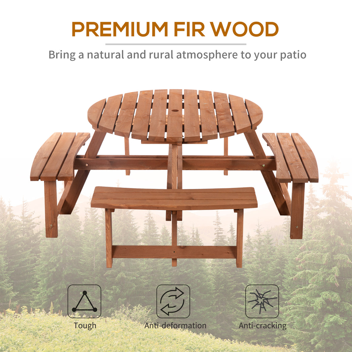 8 Seater Round Wooden Pub Bench & Picnic Table, Patio Dining Set for Outdoor Patio (Umbrella Not Included)