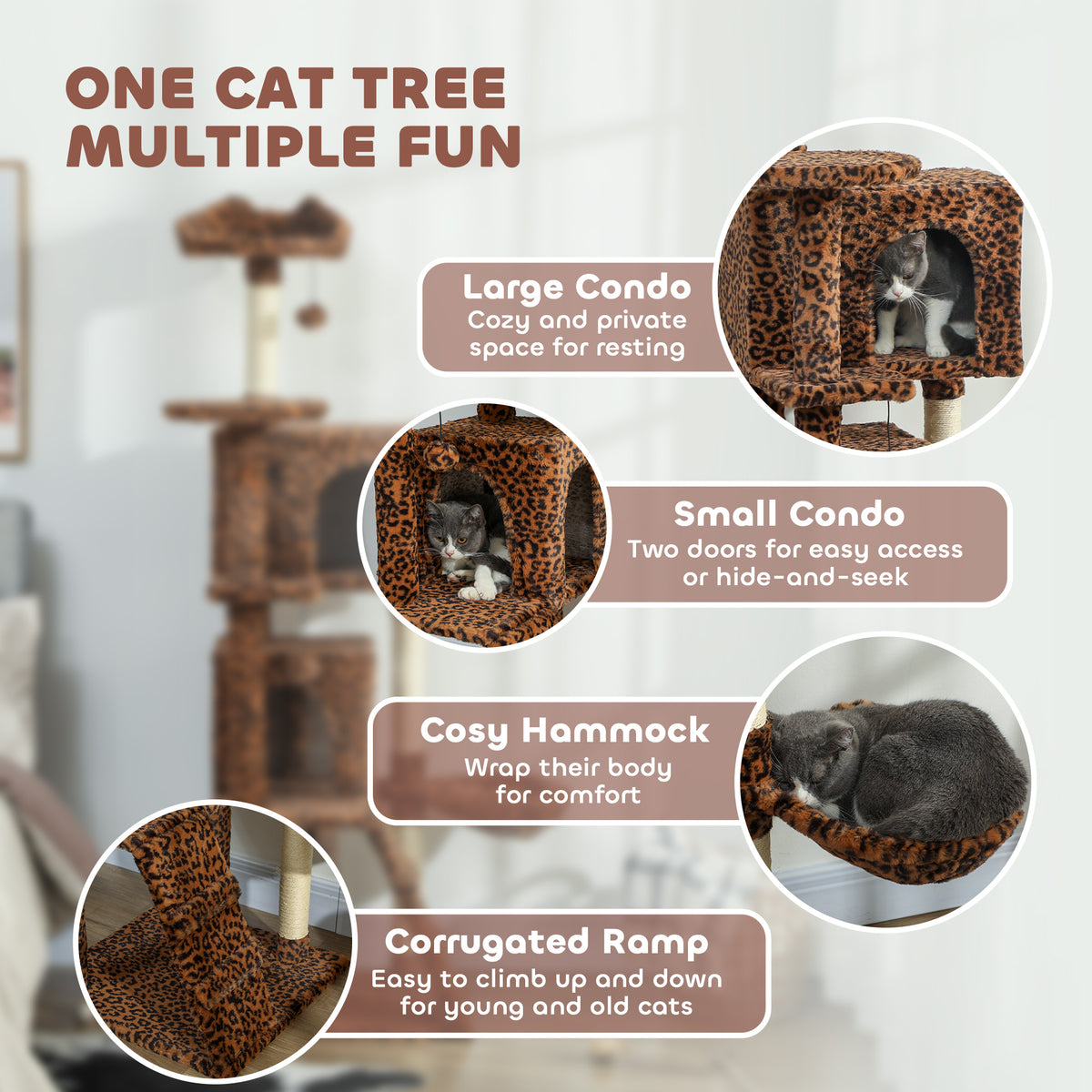 63 Inch Cat Tree with Sisal Scratching Posts, Condos, Plush Perches, Hammock, Ladder, Dangling Balls, Beige – view 24