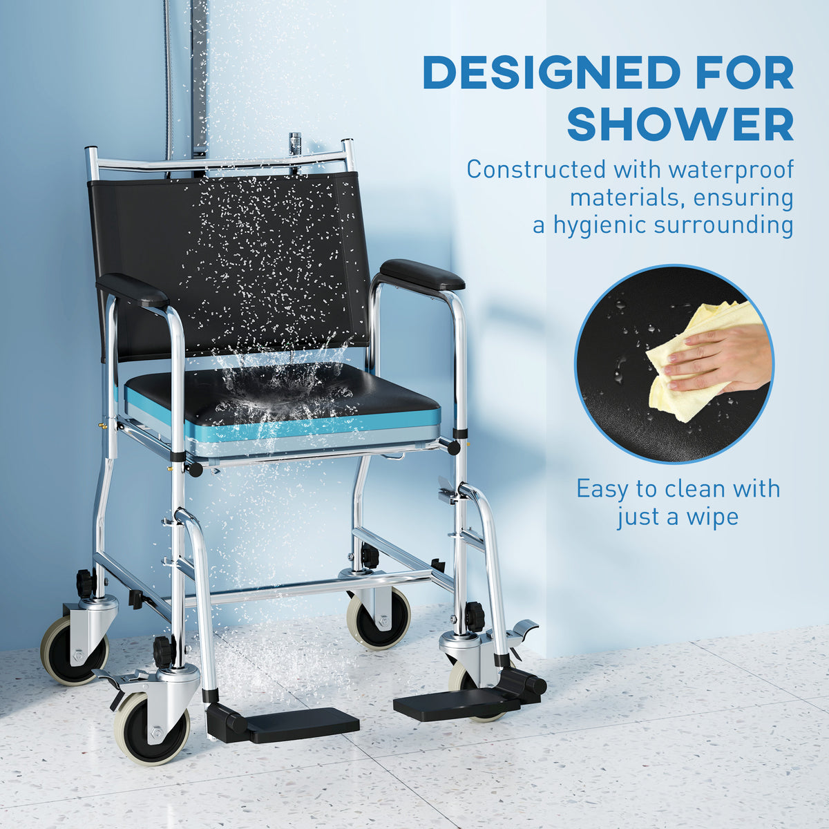 Rolling Shower Chair, Bedside Commode Wheelchair with Padded Seat, Backrest, for Seniors, Disabled, 300 lbs, Black