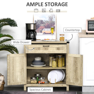 Farmhouse Kitchen Storage Cabinet, Sideboard Buffet Cabinet with 2 Rustic Barn Doors and Drawer, Oak