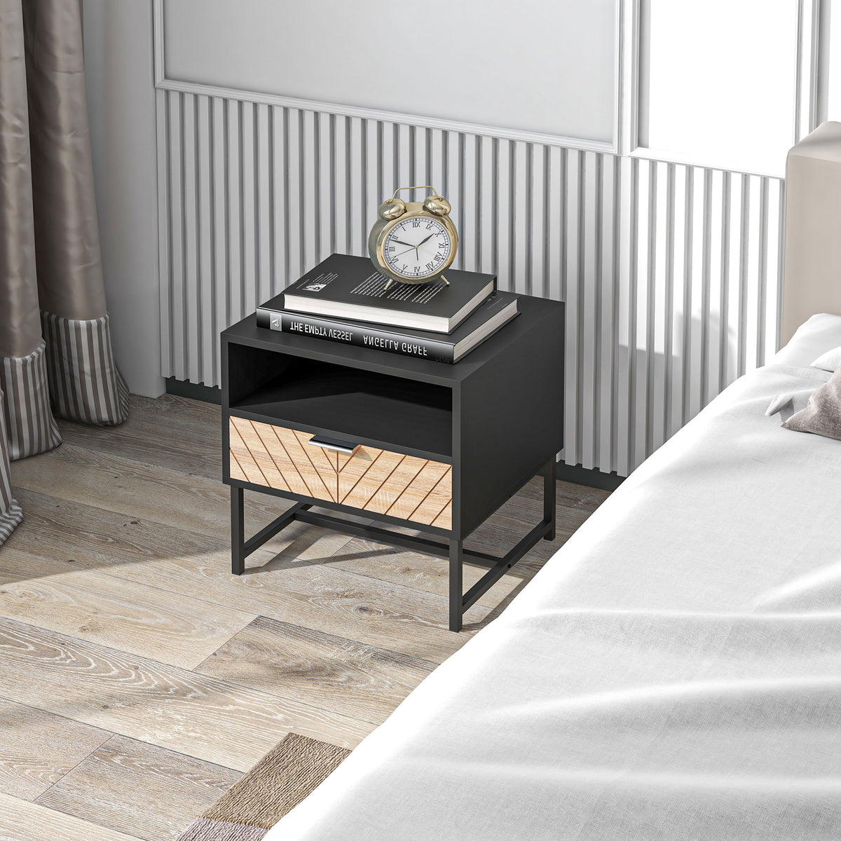 Modern Bedside Table with Drawer, Nightstand with Storage Shelf, Sofa End Table for Bedroom, Black and Oak