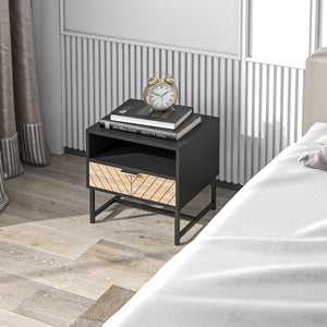 Modern Bedside Table with Drawer, Nightstand with Storage Shelf, Sofa End Table for Bedroom, Black and Oak