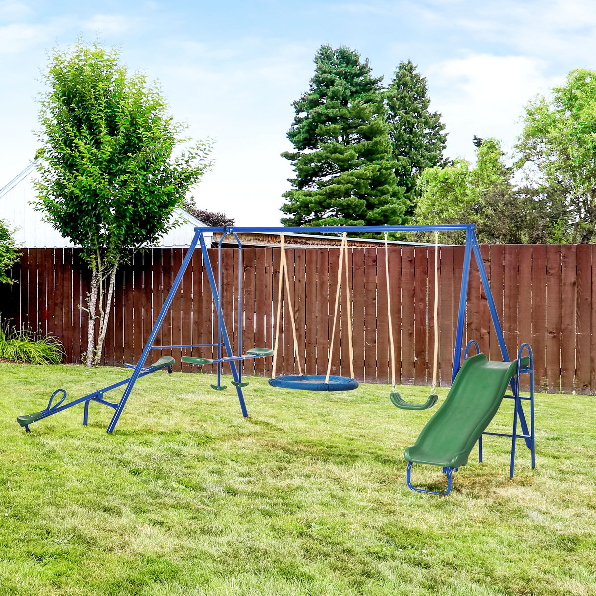 5 in1 Kids Swing Set with Saucer Swing, Slide, Seesaw, Glider, Swing Seat for Backyard, Playground